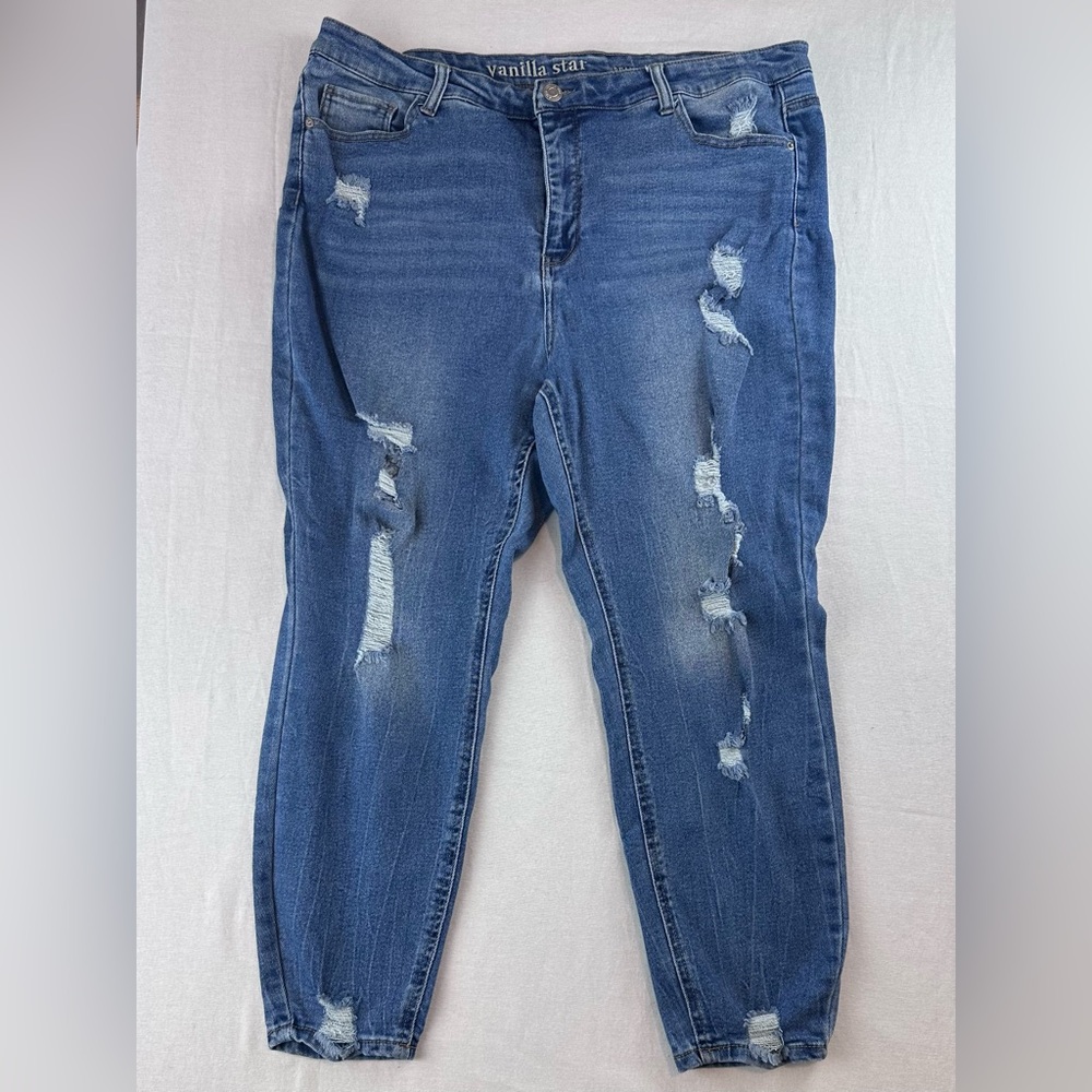 Vanilla Starโ Women's Distressed Blue Jeans - Picture 2 of 14